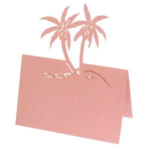 Pink laser-cut beach palm tree place card with shimmering pearlescent paper finish