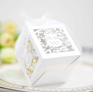 Laser-cut owl favor box on a ceramic plate with decorative white organza ribbon