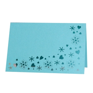 Sky blue laser-cut heart and snowflake pattern foldable wedding place card in pearlescent paper