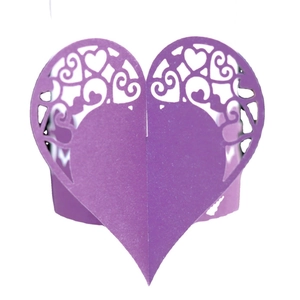 Pink heart laser cut paper napkin ring with elegant floral hollow patterns for weddings