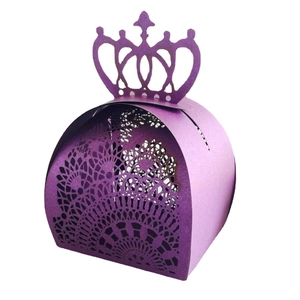 Elegant purple laser-cut wedding favor box with a crown top and delicate lace pattern