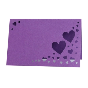Laser-cut purple heart hollow place card with butterfly motif for wedding table decor