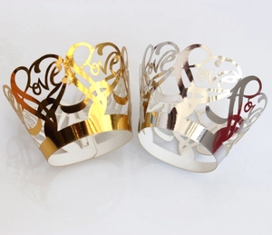 Detailed laser-cut Love and heart patterns on gold and silver metallic cupcake wrappers