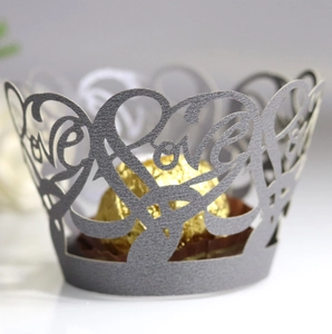 Elegant laser-cut silver cupcake wrapper with Love heart pattern for wedding party decor