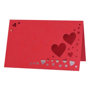 Red laser-cut heart place card for weddings with intricate hollow butterfly patterns