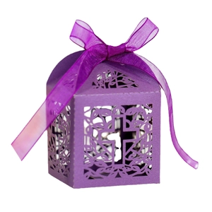 Purple laser-cut gift box with hollow cross design and matching organza ribbon bow