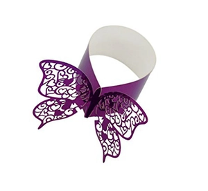 Detail of purple laser-cut butterfly paper napkin ring with heart hollow patterns