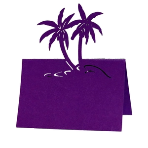 Deep purple wedding place card with laser-cut palm trees for tropical beach themes