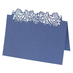Navy blue hollow rose laser cut wedding place card with a premium pearl finish effect