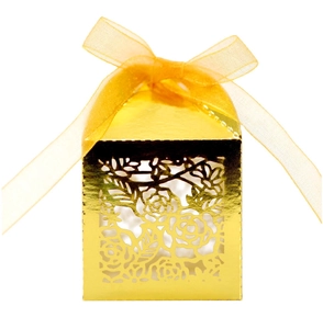 Elegant laser-cut golden rose gift box with a delicate orange organza ribbon bow