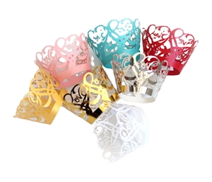 Laser cut heart and Love pattern cupcake wrappers in multiple colors for party decoration
