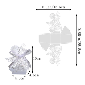 Laser cut white angel gift box with silver ribbon and detailed dimension diagrams