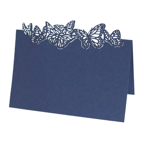 Navy blue laser-cut butterfly place card with pearl paper texture for wedding table decor