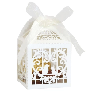 Elegant white laser-cut hollow wedding favor box with ribbon and intricate birdcage pattern