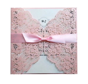 Pink laser cut wedding invitation card with lace floral hollow cover and satin ribbon