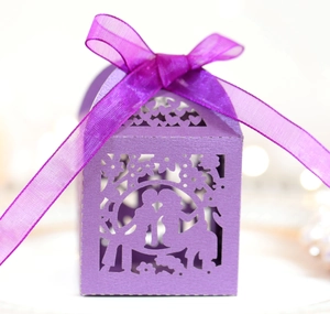 Laser cut purple candy box with romantic couple pattern and matching organza ribbon