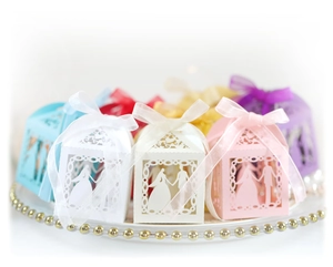 Laser-cut wedding favor boxes with bride and groom design in various elegant colors