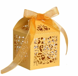Elegant gold laser-cut hollow wedding candy box with orange chiffon ribbon and floral patterns