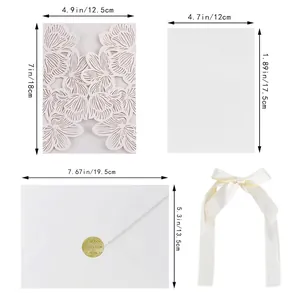 Size chart showing laser cut invitation pocket, inner card, envelope and ribbon dimensions