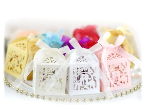 Laser-cut wedding favor boxes with couple silhouette and elegant silk ribbon bows