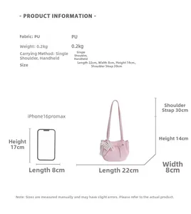 Size chart showing 22x8x14cm dimensions and PU leather details for pink shoulder bag