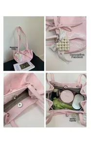 Pink velvet shoulder bag with heart pearl charm and magnetic closure storage