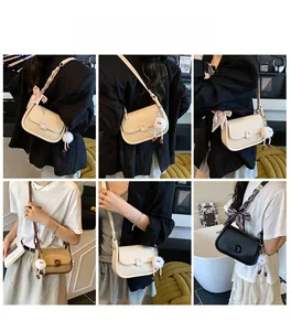 Detail shots of minimalist crossbody bags in beige, brown, and black with silk scarf decor
