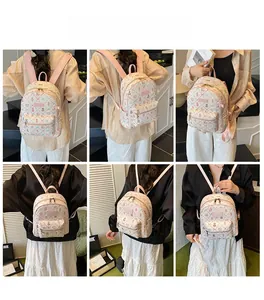 Collage of pink school backpack with cute prints showing various stylish carrying options