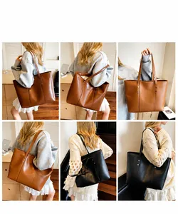 Classic large PU leather tote bag shown in black, brown, and tan through various angles