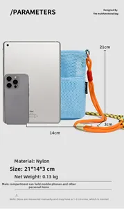 Size comparison of light blue mesh crossbody bag with orange rope strap next to an iPad