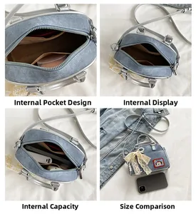 Détails du sac bowling en denim montrant la poche intérieure et la capacité mobile