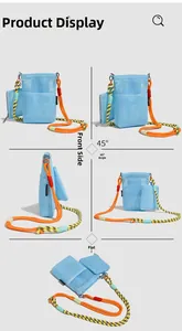 Detail views of light blue mesh crossbody bag featuring orange rope strap and mini pouch