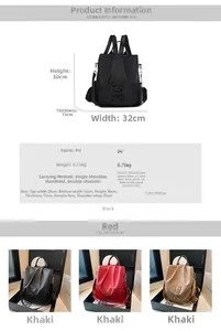 Detailed size chart for the graffiti student backpack showing dimensions and PU material