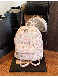 Cute pink cartoon bear mini backpack with floral prints and waffle texture fabric