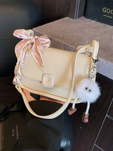 Niche Design PU Leather Small Square Bag For Women Minimalist Shoulder Bag With Silk Scarf Plush Charm Retro Crossbody Bag