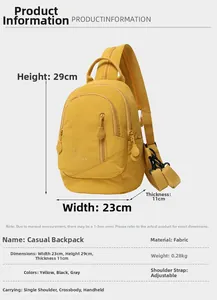 Size chart for mustard yellow multi-functional leisure backpack with dimensions and weight