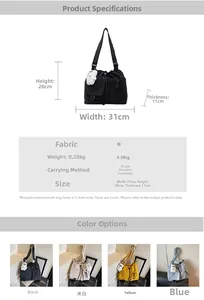 Detailed chart showing canvas bag dimensions 31x28x11cm with four color options