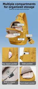 Detailed view of yellow nylon crossbody bag with multi-compartment storage and zipper pockets