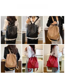 Multiple views of women's stylish backpacks in black, khaki and red with cute rabbit patch