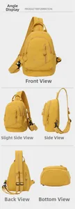 Multi-angle views of yellow nylon crossbody bag featuring multiple zipper compartments