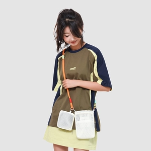 Detail of white mesh crossbody bag with orange climbing rope strap and quick-release buckle