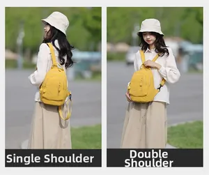 Detail of ginger yellow mini backpack shown in two ways: single shoulder and classic backpack