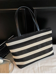 Bolso Tote de Paja Tejida para Mujer Gran Capacidad a Rayas Vacaciones Playa Bolso de Hombro Casual Bolso de Compras Tejido a Mano