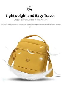 Détail macro du sac bandoulière léger en nylon jaune vif avec large bandoulière