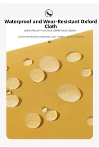 Détail du tissu Oxford jaune montrant des gouttes imperméables et une texture robuste