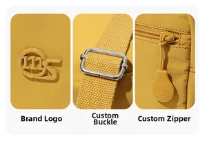 Gros plan détaillé du sac en tissu jaune montrant la boucle et le zip logotypé