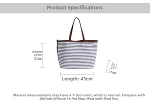 Blue striped tote bag dimensions chart showing length 43cm height 27cm width 15cm