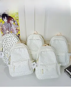 Close-up of lightweight star pattern backpacks with fluffy cloud charms for students
