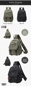 Water-resistant oxford backpack shown in grey-green and black colors and two sizes