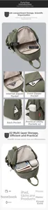 Detail view of the multi-layered storage compartments and durable nylon fabric of this backpack